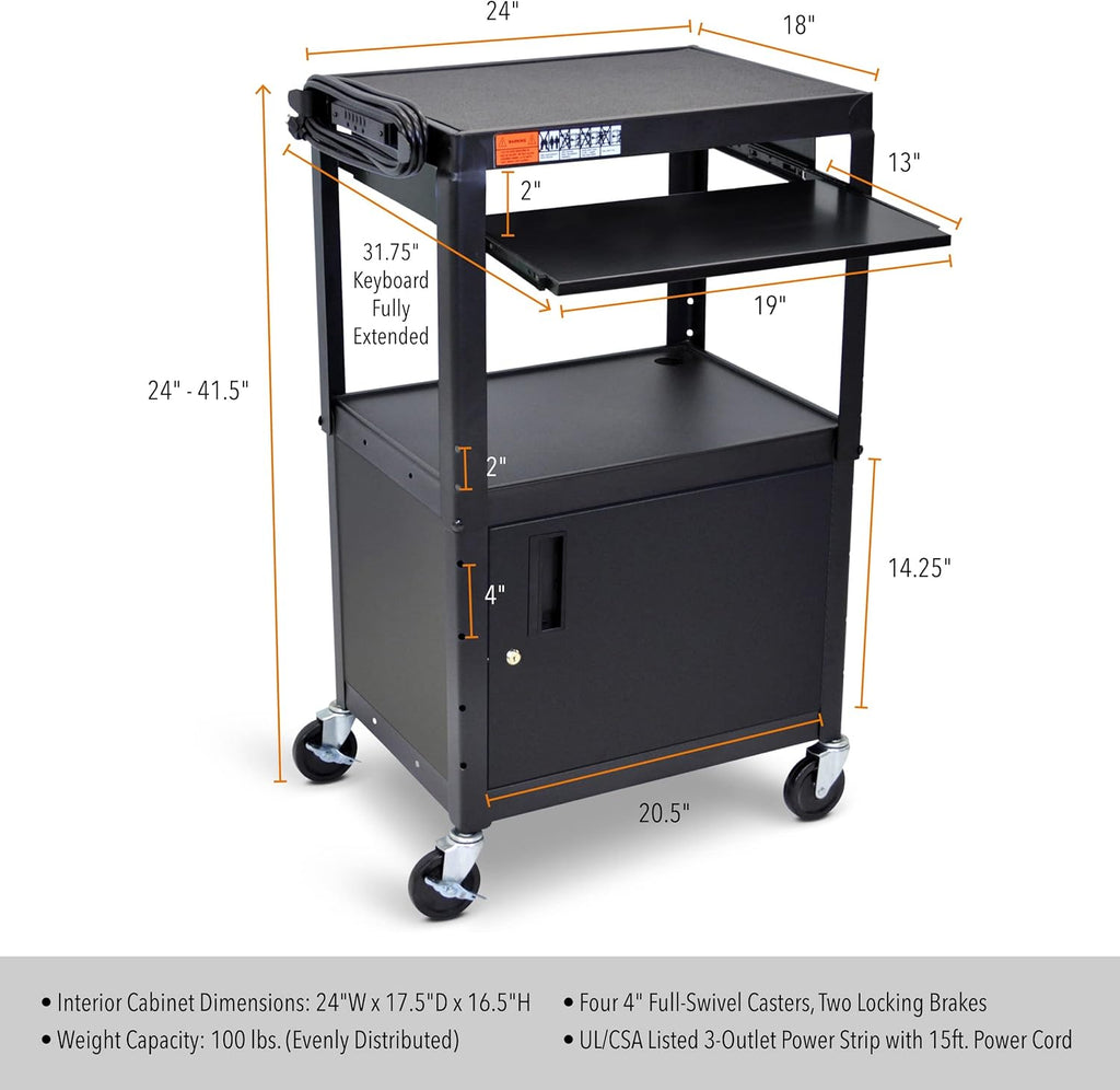 Stand Steady AV Cart with Locking Cabinet, Adjustable Height, UL Certified, Steel Frame, Black