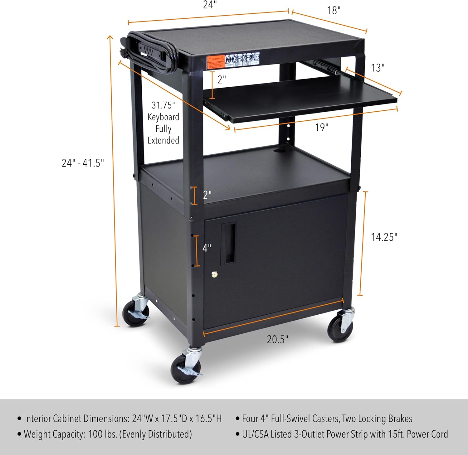 Stand Steady AV Cart with Locking Cabinet, Adjustable Height, UL Certified, Steel Frame, Black