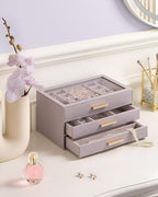 Lolalet Jewelry Box Organizer, 3-Layer Jewelry Organizers and Storage Case with Glass Lid, Ring Earring Bracelet Necklace Holder Organizer, Birthday Christmas Gifts for Women Girls -3Layer, HazePurple