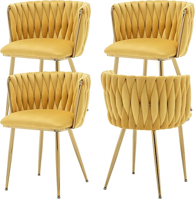 Velvet Dining Chairs Set of 4, Modern Upholstered Dining Chairs with Gold Metal Legs for Dining Room, Vanity, Kitchen, Living Room(Yellow)