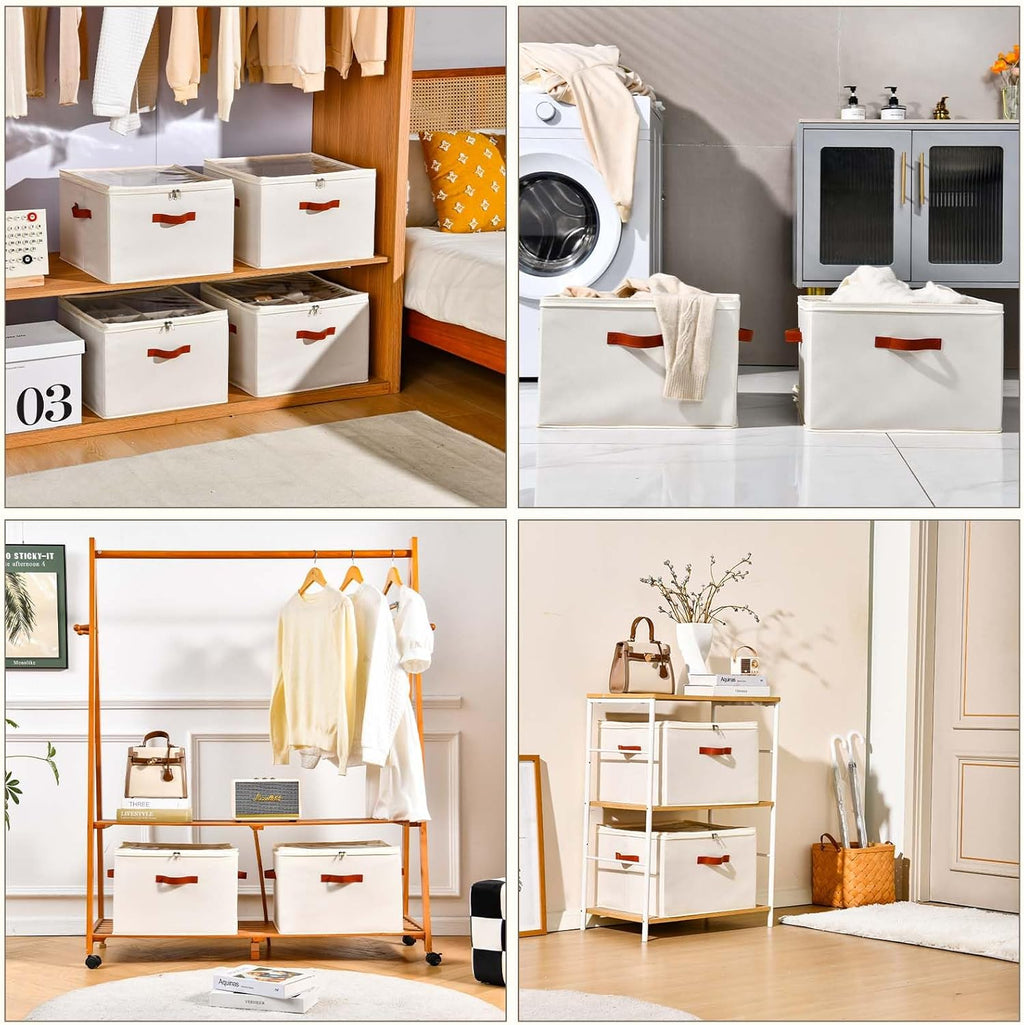 Shoe Organizer for Closet, 2 Pack Foldable Shoe Storage Containers, Fits up to 16-32 Pairs, Adjustable Dividers for Shoe Organizer, Fabric Shoe Storage Bins with Clear Cover, Beige