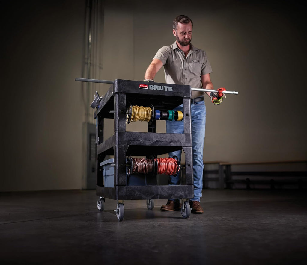 Rubbermaid Commercial Brute 3-Shelf Heavy-Duty Utility/Service Cart, Medium, High Storage, Lipped Shelves, Ergonomic Handle, 600 lb. Capacity, Ideal for Warehouse/Garage/Cleaning/Maintenance/Office