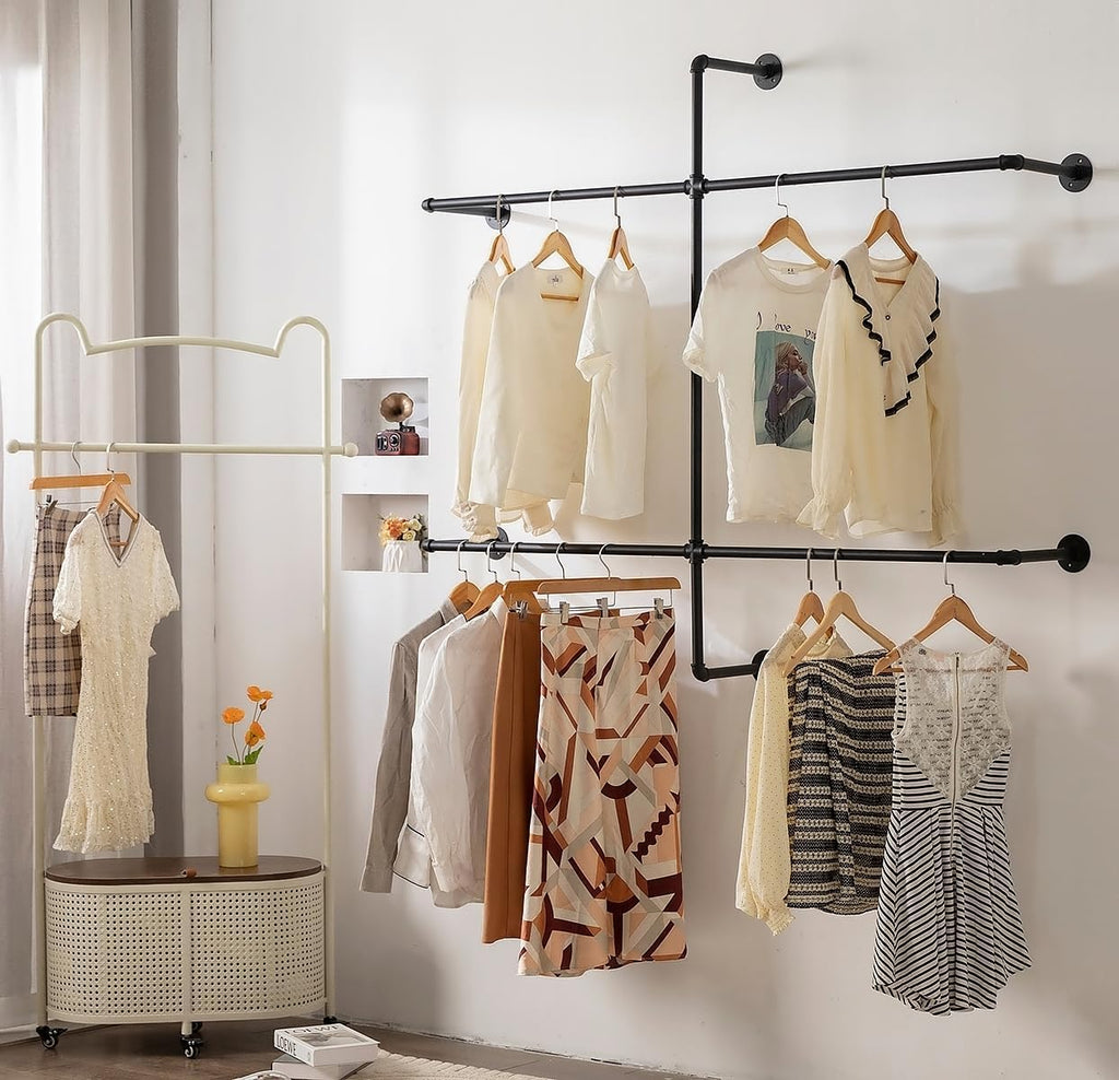Industrial Pipe Clothing Rack - Wall Mounted Garment Rack as Walk-in Closet System. Sturdy Open Wardrobe for Hanging Clothes - Heavy Duty Clothes Rack with Four Hanging Rods for Home