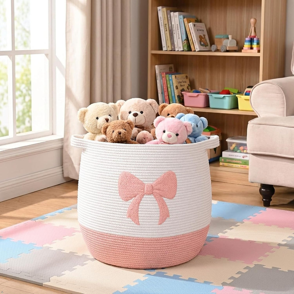Large Baby Laundry Hamper, Pink Bow Laundry Basket for Baby Girl, Toy and Blanket Storage Basket for Nursery and Playroom, Cotton Rope Hamper for Kids, 17.7"x15.7"