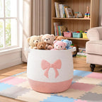 Large Baby Laundry Hamper, Pink Bow Laundry Basket for Baby Girl, Toy and Blanket Storage Basket for Nursery and Playroom, Cotton Rope Hamper for Kids, 17.7"x15.7"