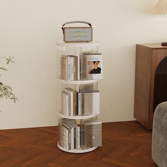 3 Tier Rotating Bookshelf Spinning Bookshelf Tower Swivel Bookcase Round Book Shelf for Small Space Revolving Bookcase for Playroom Bedroom Living Room