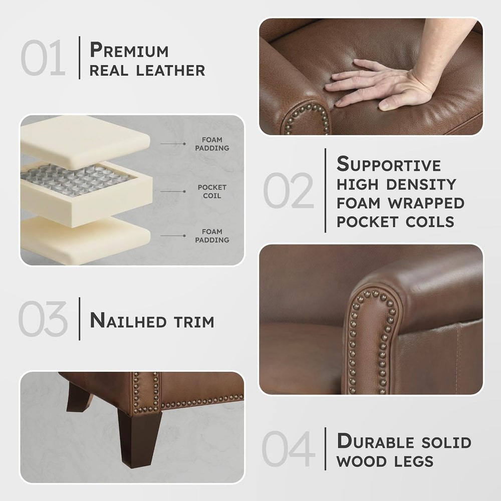 Lexicon Top Grain Genuine Leather Chair, Rolled Armrest, Classic Brown | Livi...