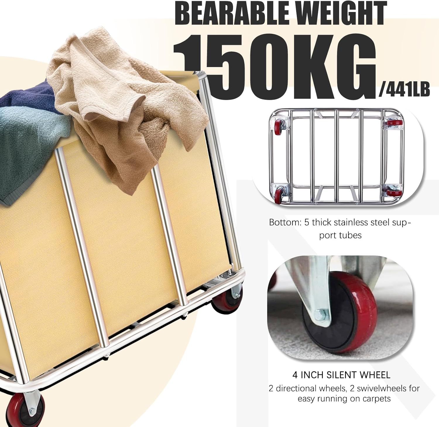 Commercial Laundry Cart with Wheels, 11.35 Bushel Large Laundry Tumbler with Removable Waterproof Canvas Lined Basket, Heavy Duty Stainless Steel Laundry Basket for Hotels and Hospitals