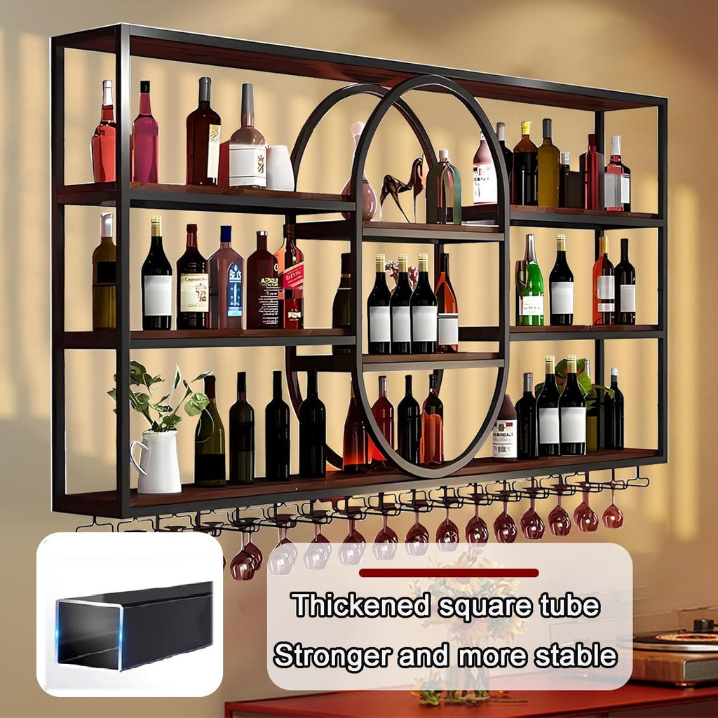 71IN Large Wall Mount Wine Rack, Metal 4 Tier Hanging Bottle Holder with Wine Glass Storage Racks, Modern Floating Wine Shelves for Home Bar Dining Room Decoration(Black)