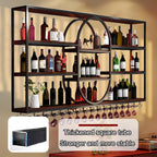 63IN Large Wall Mount Wine Rack, Metal 4 Tier Hanging Bottle Holder with Wine Glass Storage Racks, Modern Floating Wine Shelves for Home Bar Dining Room Decoration (Black)