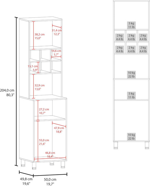 19.7" D*19.6" W*80.3" H Storage Cabinet with 6 Spice Cubbies, 2 Shelves & Single Door, Rectangular Kitchen Pantry, Modern Minimalist, for Living Room, Dining Room, White