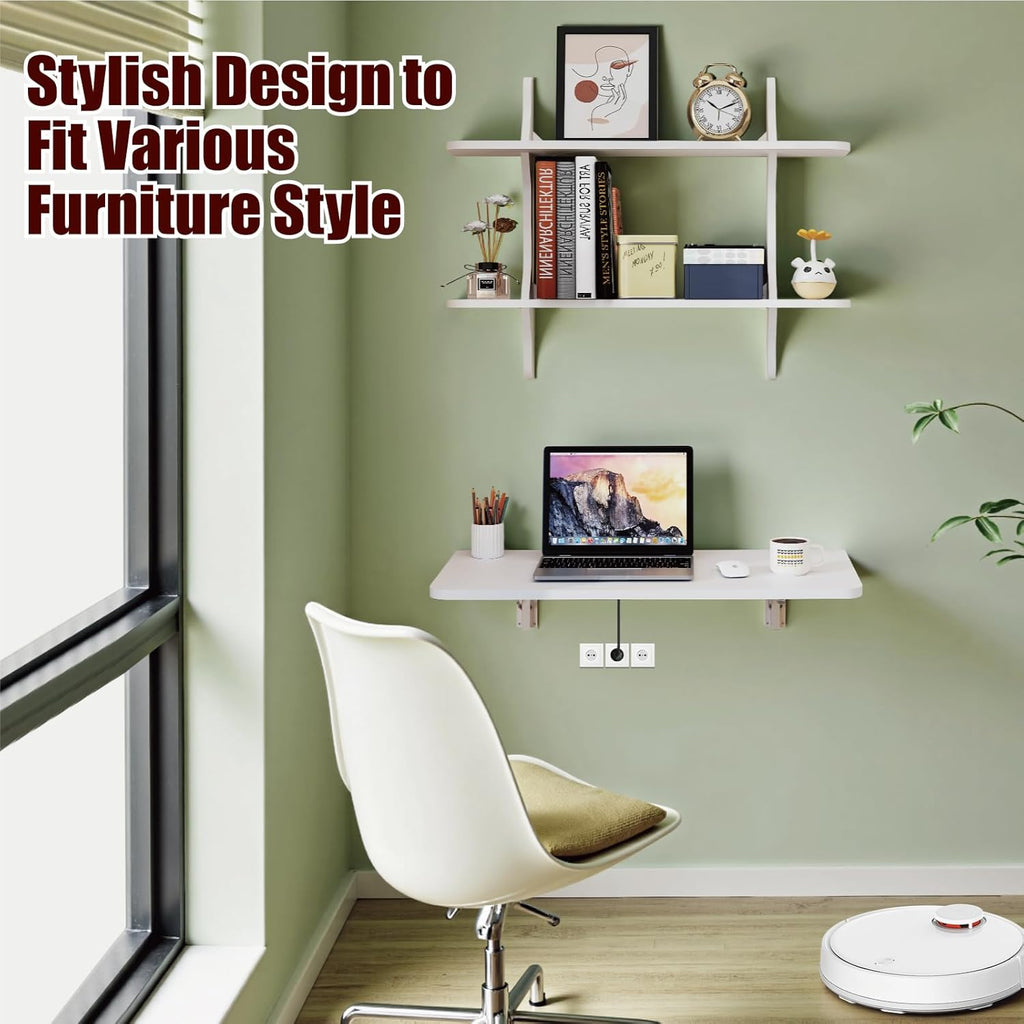 Pmnianhua Wall Mounted Folding Table, 31'' Floating Laptop Desk with Shelves, Foldable Drop Leaf Table, Wall Mount Fold Down Table for Laundry Room Kitchen Bar Home Office Small Space(White)
