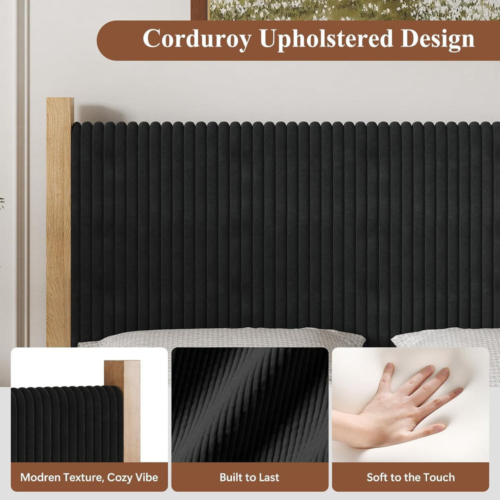 IMMERSTABLE Full Bed Frame with Headboard, Upholstered Platform Bed, Black