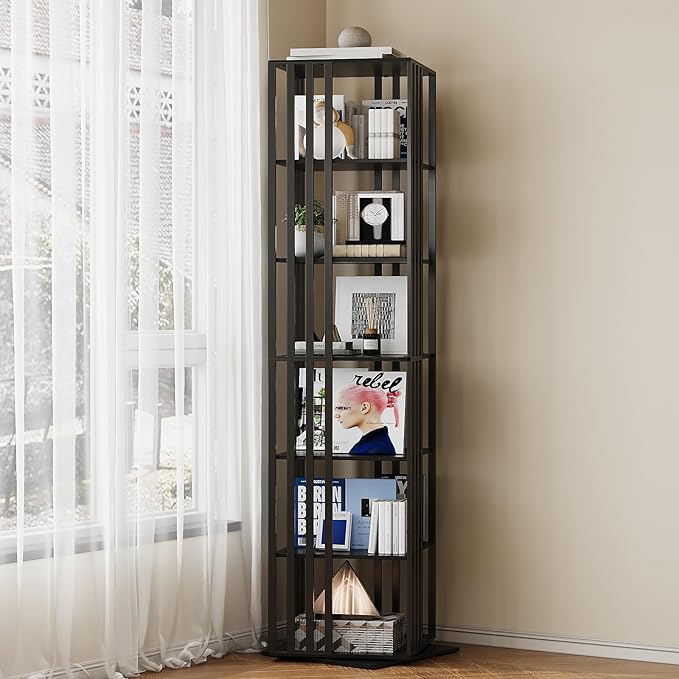 6 Tier Rotating Bookshelf, 360° Spinning Narrow Bookcase Tower, Space Saving Floor Standing Wood Shelf & CD Organizer for Small Spaces, Bedroom, Living Room, Office (Black, 6-Tier)