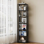 6 Tier Rotating Bookshelf, 360° Spinning Narrow Bookcase Tower, Space Saving Floor Standing Wood Shelf & CD Organizer for Small Spaces, Bedroom, Living Room, Office (Black, 6-Tier)