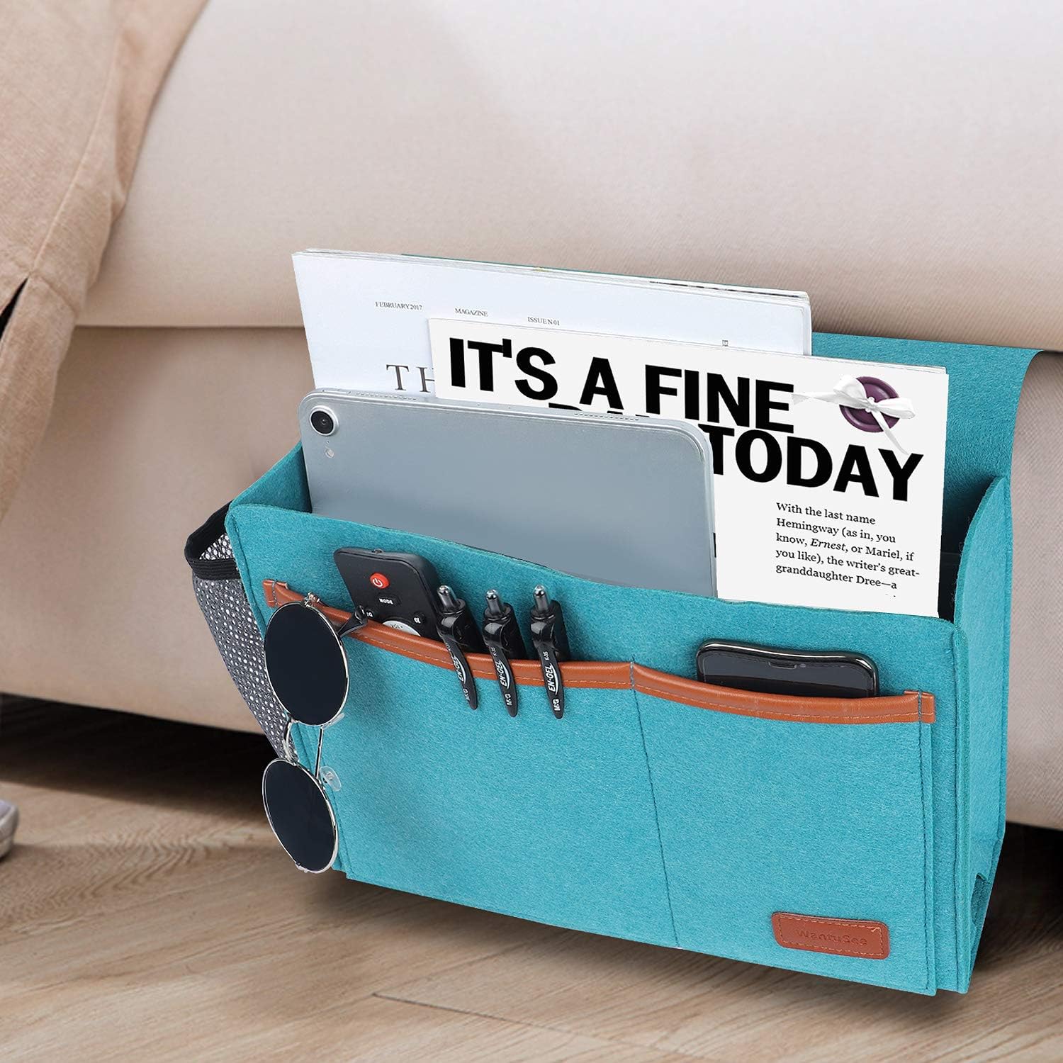 Bedside Caddy, Bed Storage Organizer for Remote Controller, Books, Magzine, Laptop Holder, 12.4'' x 8.6'' inch Bedside Hanging Felt Storage Bag for Dorm Bed with 5 Pockets, Celadon