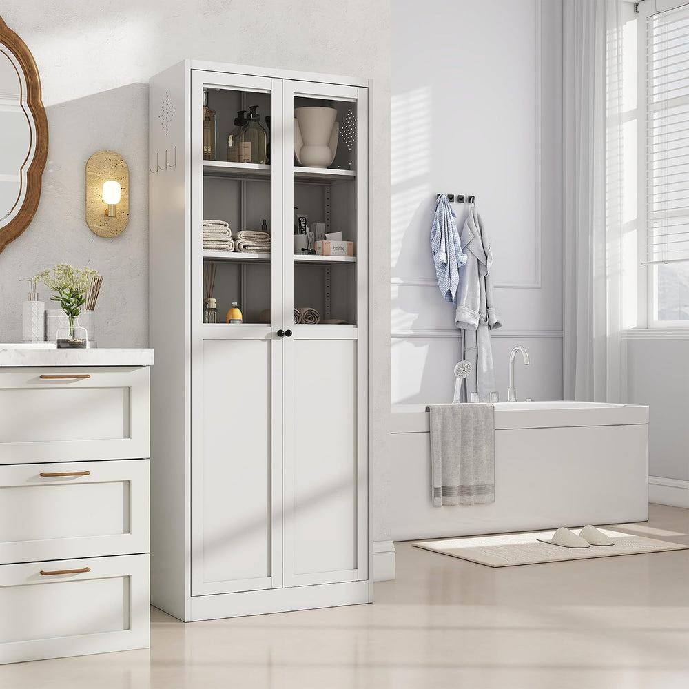 Kitchen Pantry Cabinet, 72" H Storage Cabinet with Glass Doors and Adjus...