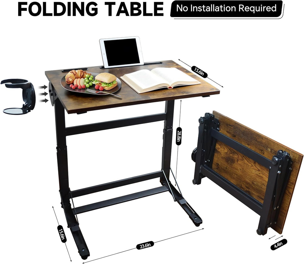 No Assembly Folding TV Tray Table C-Shaped Couch End Table with Cup Holder &a...
