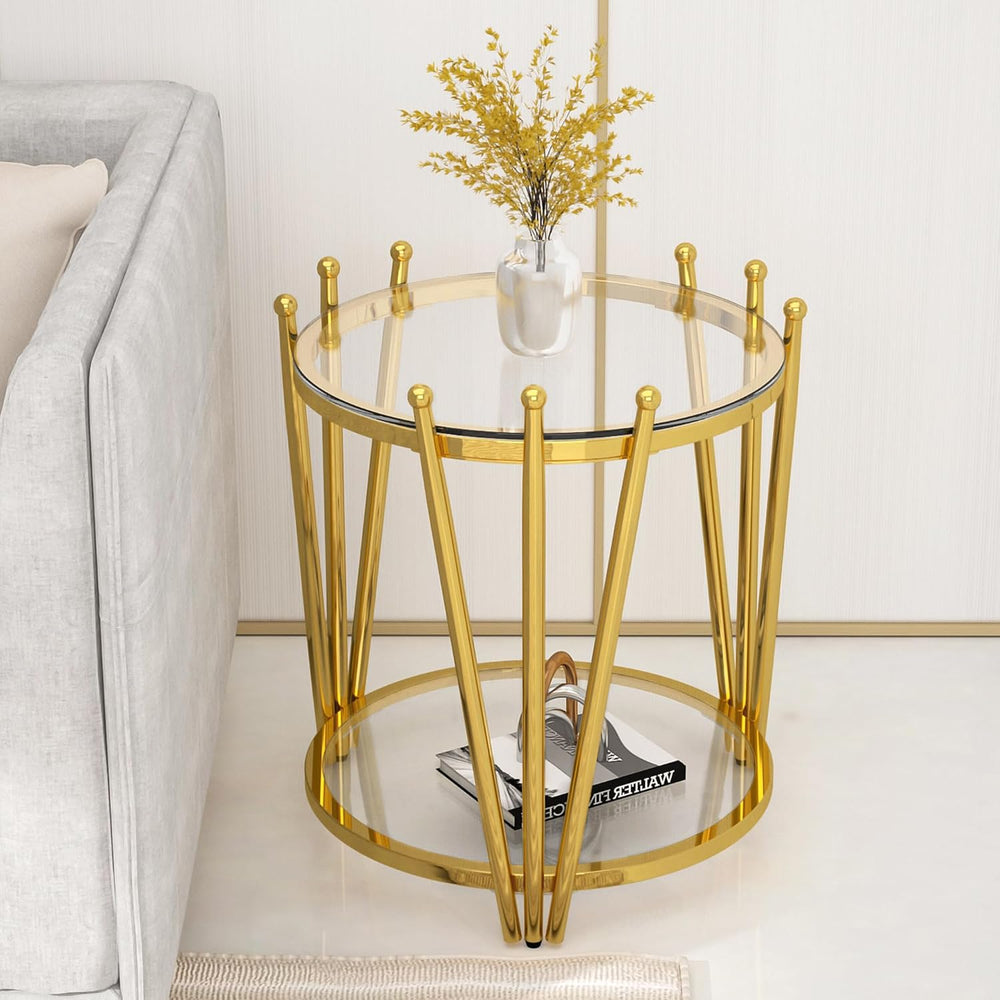 Luxury Glass Coffee Table Set of 3, Modern Gold Round End Table Living Room T...