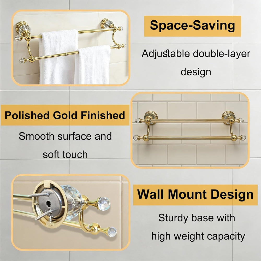Gold Double Towel Bar, Adjustable Crystal Towel Racks for Bathroom
