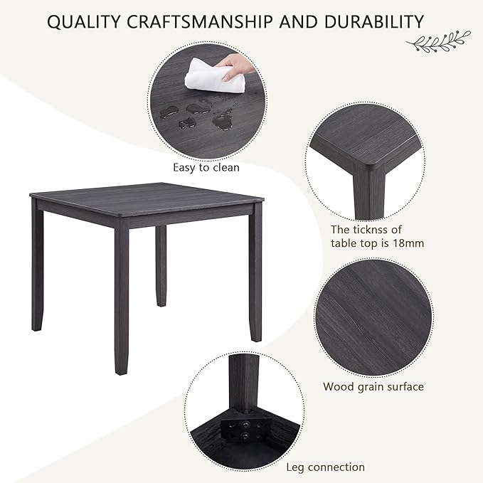 KEIKI 5-Piece Standard Height Dining Table Set with Square Table, 4 Upholstered Curved Backrest Chair, for 4 Person, Modern Style Table Set, Easy Assembly, for Kitchen, Dining Room, Black+Beige