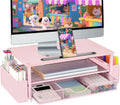AUPSEN Pink Desk Organizers and Accessories, 2-Tier Wood Computer Monitor Stand with Drawer, Pen Storage & Phone Holder, Office Desk Accessories, Workspace Desktop Organization for Office Supplies