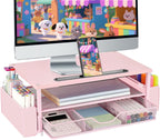 AUPSEN Pink Desk Organizers and Accessories, 2-Tier Wood Computer Monitor Stand with Drawer, Pen Storage & Phone Holder, Office Desk Accessories, Workspace Desktop Organization for Office Supplies