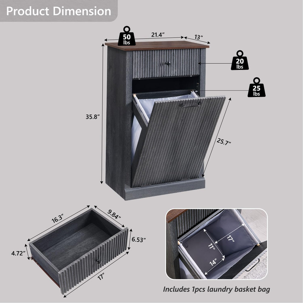 Modern Tilt-Out Laundry Hamper Cabinet, 10 Gallon Fluted Trash Can Cabinet with Drawer, Wooden Hidden Garbage Can Cabinets with Laundry Basket, Free Standing for Bathroom and Kitchen, Grey