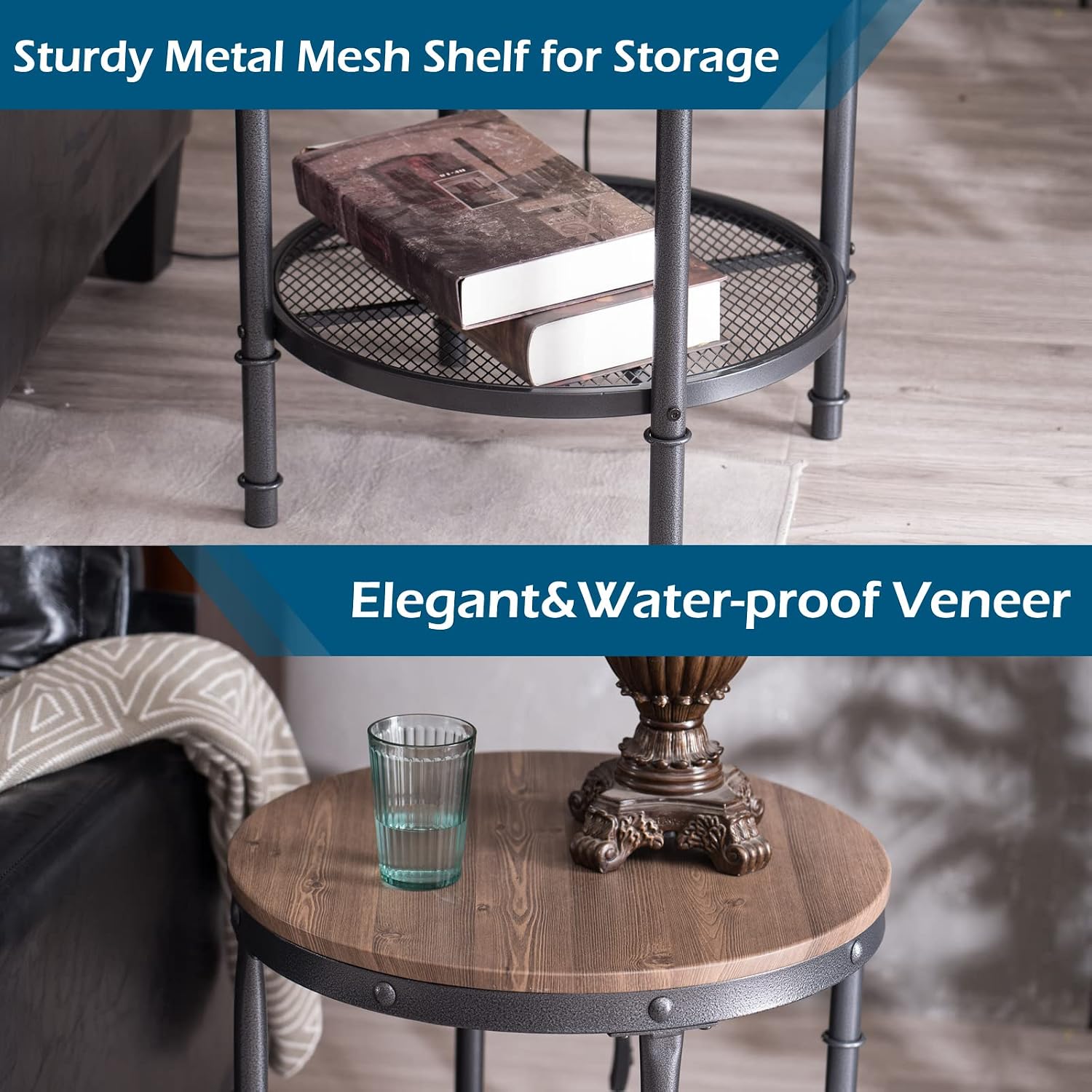 VINGLI 20" Round Side Table, Small End Tables Living Room, Brown | Industrial Center Table with Metal Mesh, Rustic Farmhouse Side Tables for Bedroom, Bedside, Office, Corner