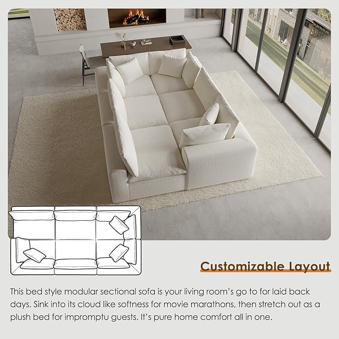 130" Oversized Boneless Cloud Couch, Modular Sectional Couches for Living Room, U Shaped with Deep Seats, No Assembly Required, 6 Seater Washable Fabric Sleeper Sofa, White