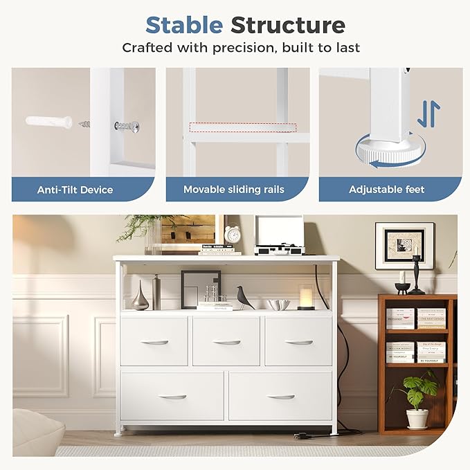 DUMOS TV Stand, Dresser with 5 Fabric Storage Drawers, Media Console Featuring Open Shelf, Fabric Storage Cabinet with Charging Station, Compact Entertainment Unit for Bedroom, Living Room, White