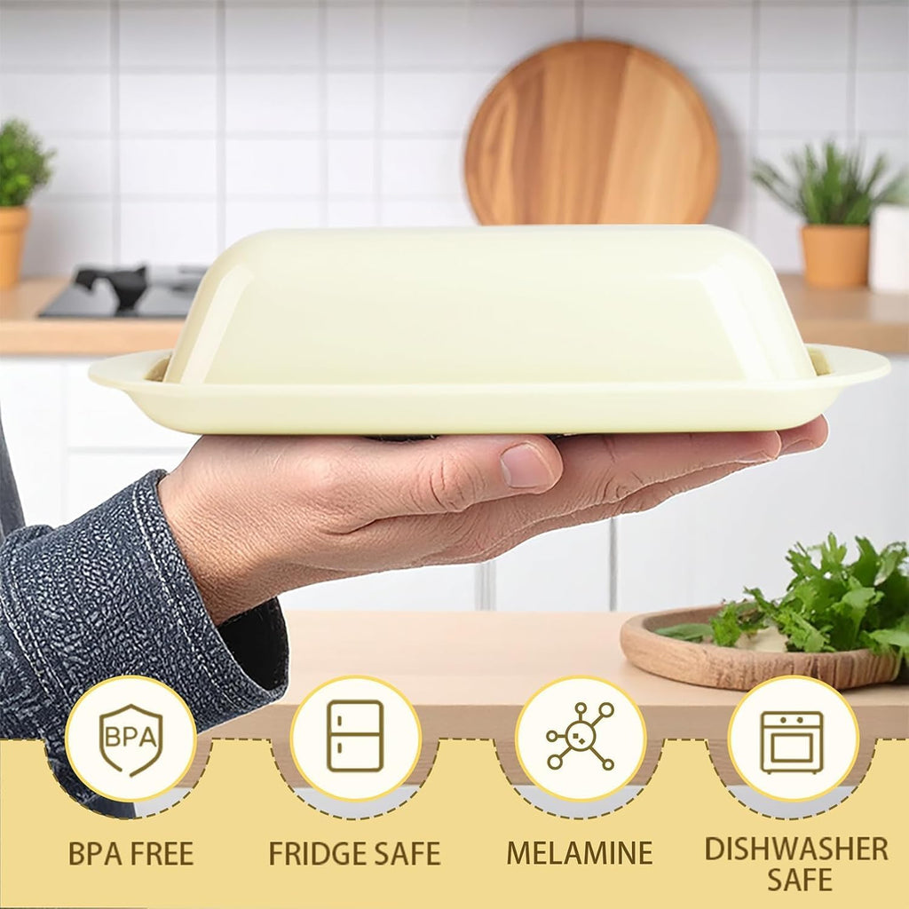 Butter Dish with Lid and Knife, Durable Countertop & Fridge Butter Keeper, BPA-Free Melamine Butter Container, Dishwasher Safe, Fits East/West Coast Butter Sticks (Cream)