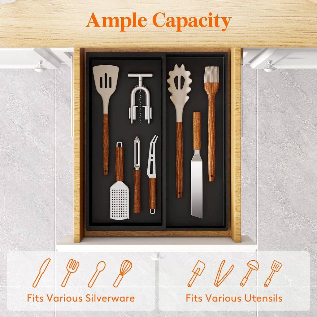 Lifewit Utensil Organizer for Kitchen Drawer, Expandable Cooking Silverware Tray, Adjustable Cutlery Flatware Holder, Plastic Spatula Tools Storage Divider, 12.9 x 16.1", Black