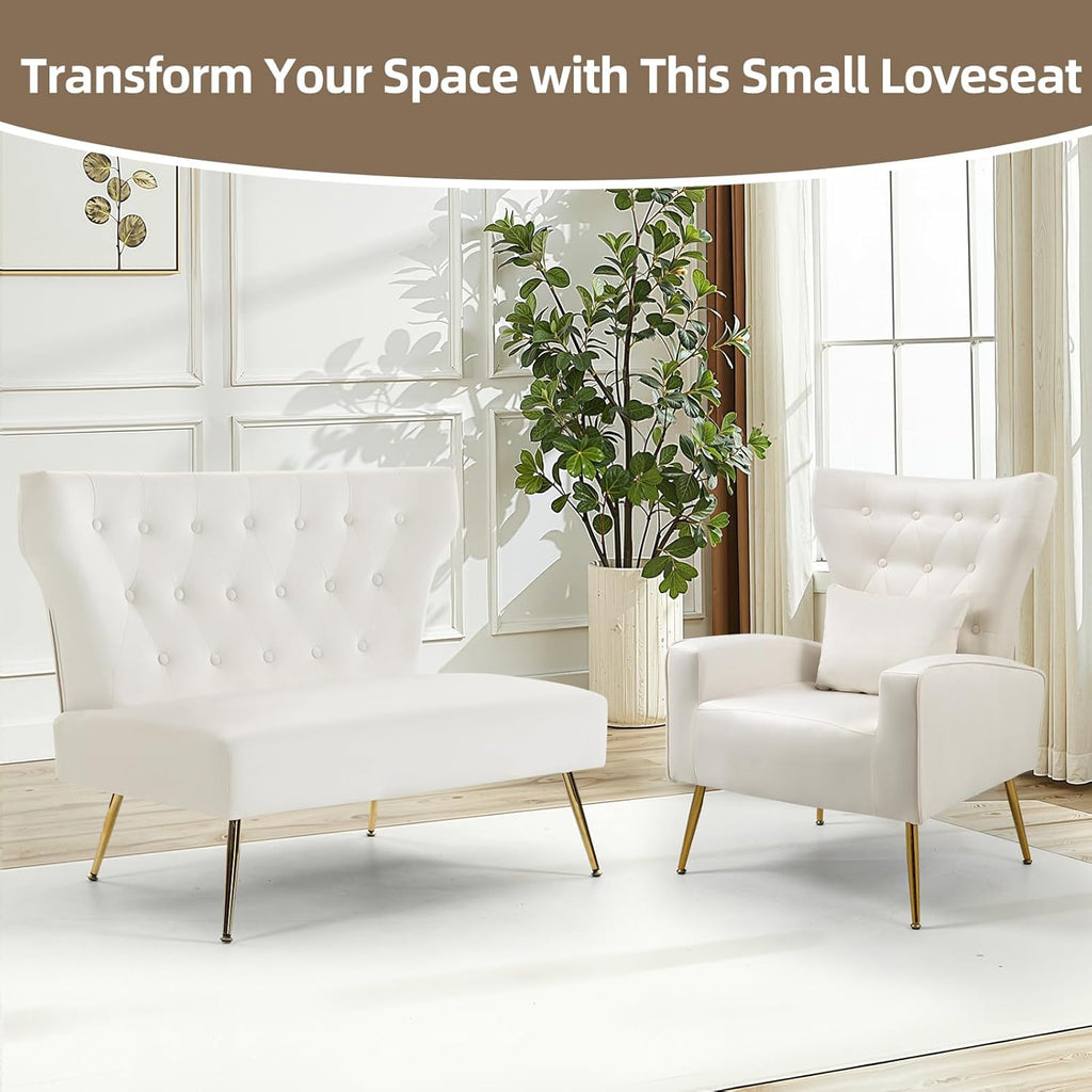 ZJhome Small White Velvet Sofa, Soft Upholstered 40’’ Armless Loveseat Couch with High Density Foam, Modern Tufted Cushion with Gold Legs for Bedroom, Dorm, Apartment, Girls, Teens, Easy Assembly