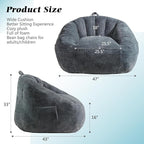 Giant Bean Bag Chair for Adults and Kids, BeanBag Couch Filler with Memory Foam, Ergonomic Faux Fur Shell-Shaped Boneless Chair and Reading Living Room, Bedroom, Grey