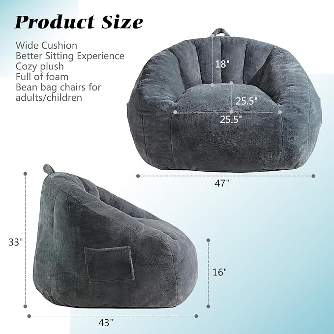 Giant Bean Bag Chair for Adults and Kids, BeanBag Couch Filler with Memory Foam, Ergonomic Faux Fur Shell-Shaped Boneless Chair and Reading Living Room, Bedroom, Grey