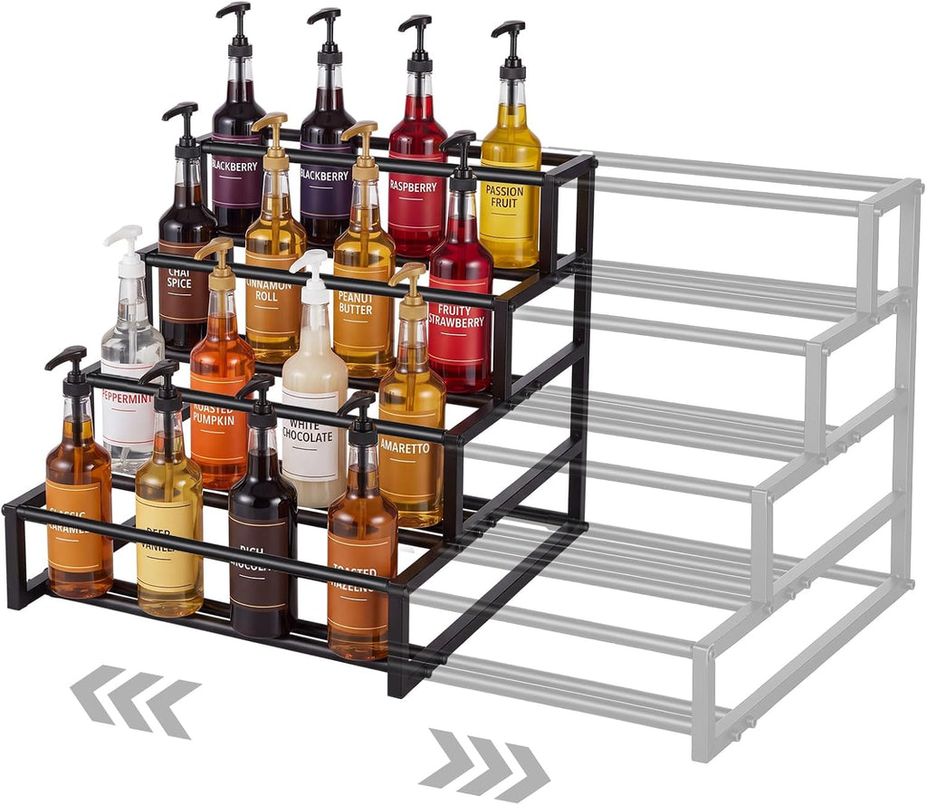 Flutesan Expandable 4-Tier Coffee Syrup Organizer 12.2-20.5 Inch Heavy Duty Coffee Syrup Rack for 12-24 Bottles Width Adjustable Liquor Bottle Display Shelf Bottles Holder Stand for Bar Accessories