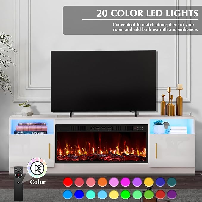 Lemberi Fireplace TV Stand with 36" Electric Fireplace, Fits TVs Up to 80", 70" LED Lit Entertainment Center, Modern High Gloss Wood with Spacious Storage Cabinet for Living Room, White