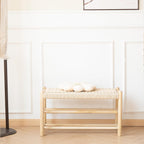 Solid Wood Entryway Bench with Shoe Storage, Rustic Oak Wood and Woven Design 31.5 Inch Long Seating for Living and Dining Rooms, 3-Tier Nature