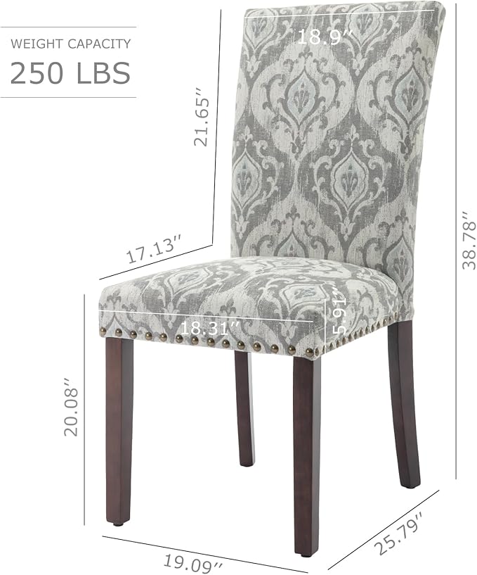 COLAMY Upholstered High Back Dining Chairs Set of 6 with Solid Rubber Wood Legs, Fabric Dining Room Chairs with Comfortable Padded Seat for Dining Room, Classic Gray Damask Pattern, Cloudy Gray Damask