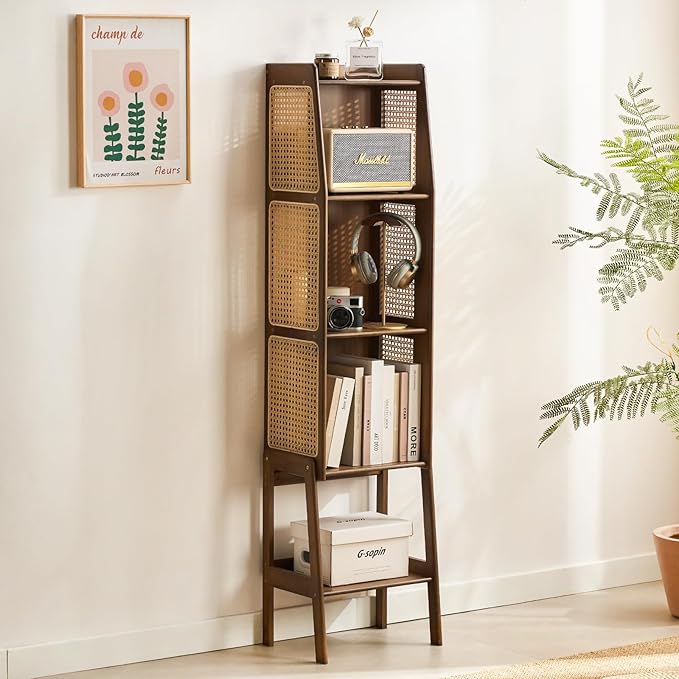 Welnow Bamboo Rattan Bookcase with Cabinet, 3-Tier Storage Shelf with Side Table & End Table Function, Large Modern Wood Organizer for Living Room or Bedroom, Walnut Bookshelf