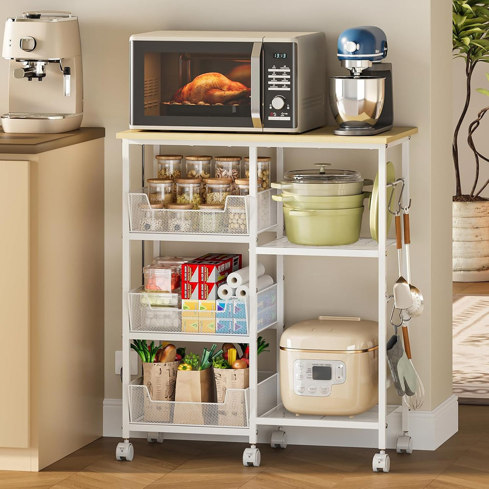 Rolling Kitchen Microwave Organizer Cart, Adjustable Shelves, White | Kitchen...