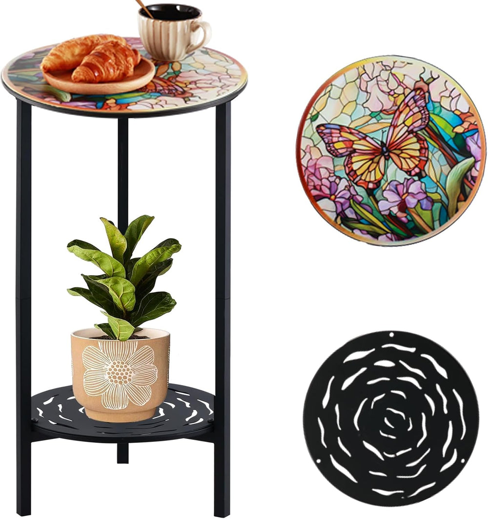 2-Tier Metal Round Side Table Black Accent Coffee Tables Small Space Corner P...