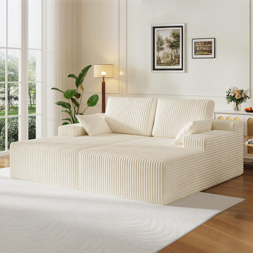 37.4" Oversized Chaise Longue Round Chair Indoor Living Room Boneless Giant Bean Bag Chair for Adults Corduroy Big Accent Sofa Floor Sofa Relax No Assembly (White, Loveseat Chaise)