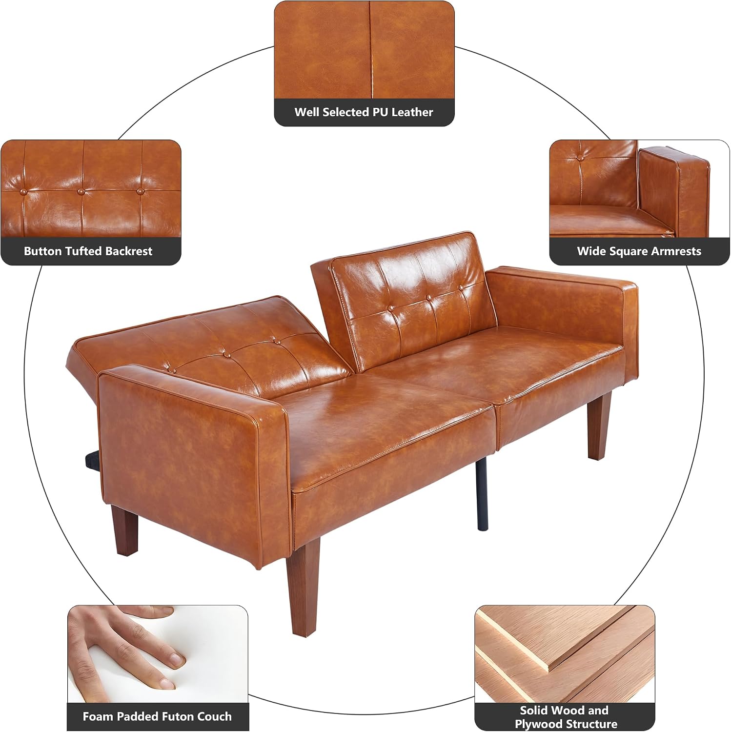 PU Leather Brown Futon Sofa Bed with Split Back,Mid Century Modern Convertible Sleeper Couch Beds,68.11" Tufted Loveseat Futons for Living Room RV, Small Spaces