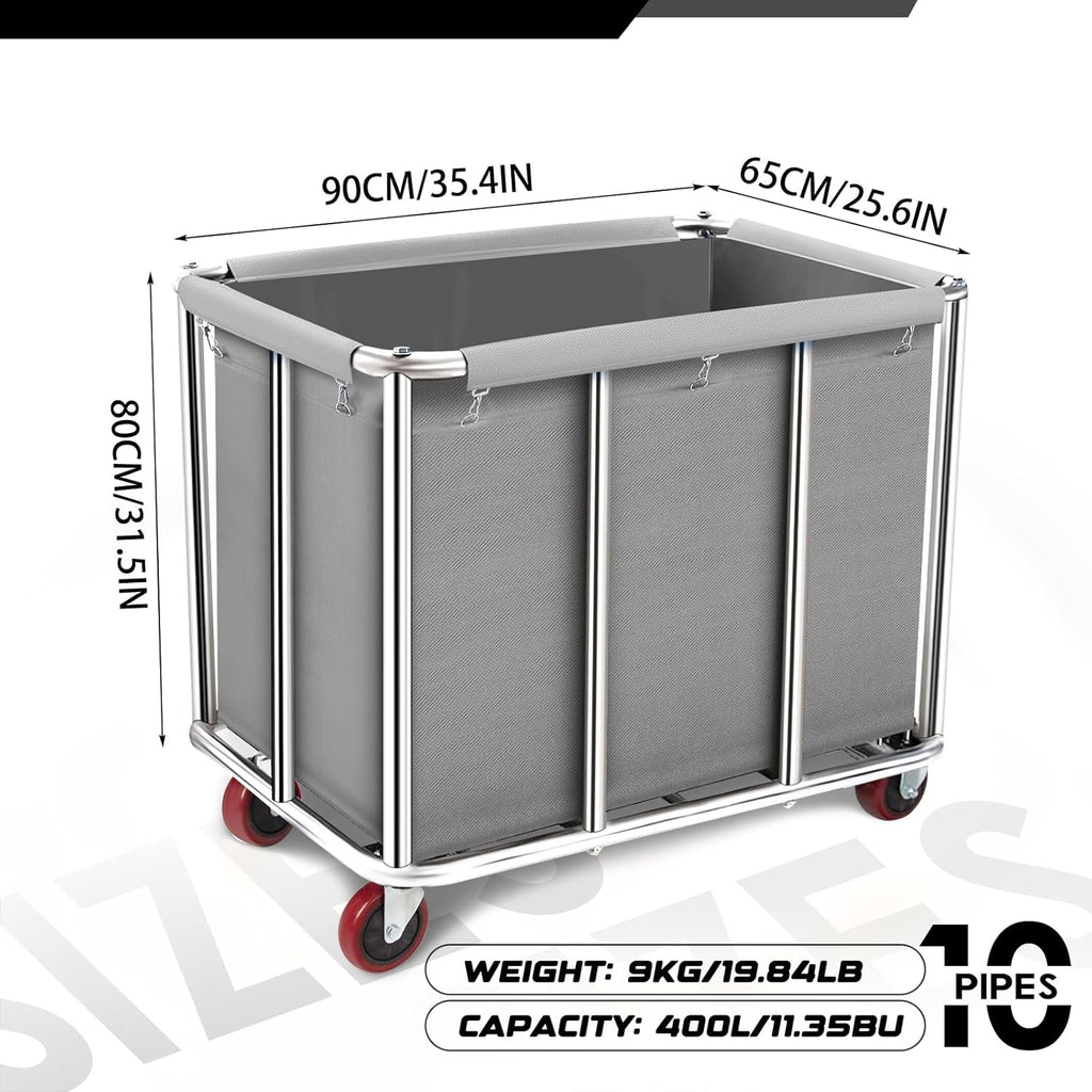 Commercial Laundry Cart on Wheels, 11.35 Bushels Large Laundry Roller, Heavy Duty Stainless Steel, Gray-10