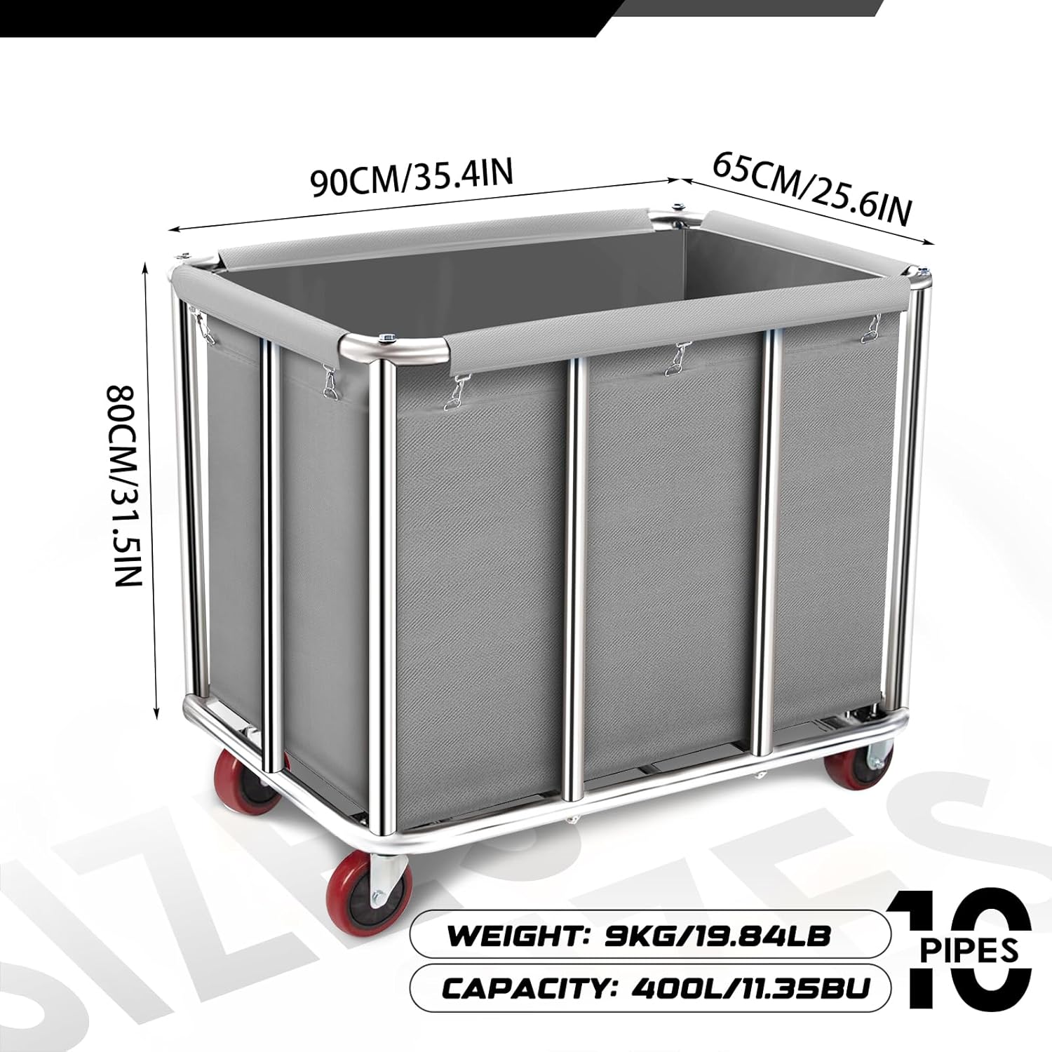 Commercial Laundry Cart on Wheels, 11.35 Bushels Large Laundry Roller, Heavy Duty Stainless Steel, Gray-10