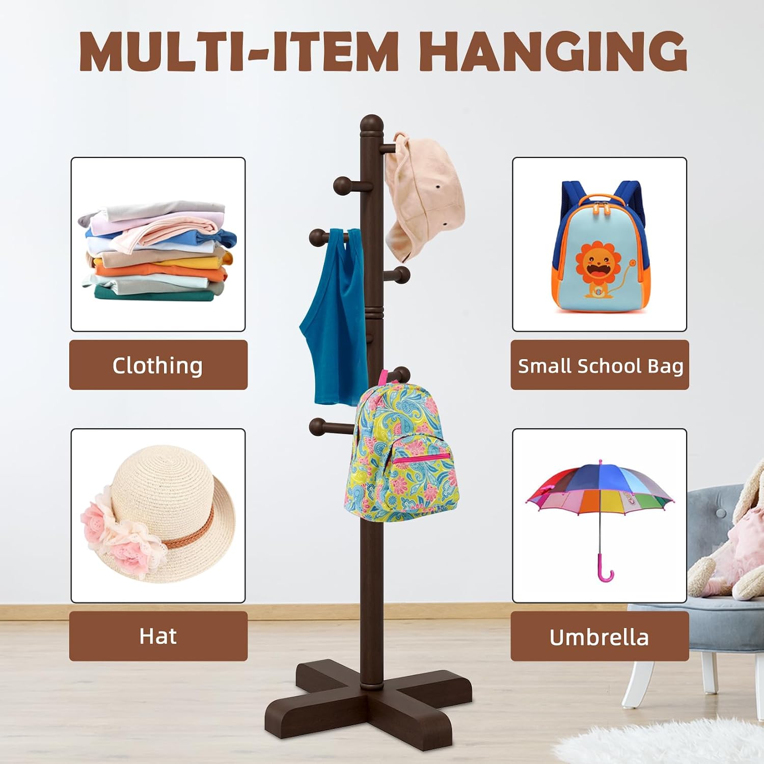 Coat Rack, Freestanding Coat Racks with 8 Hooks 2 Adjustable Height, Tree Coat Rack for Bedroom, Hallway, Entrance, Office, Hats, Handbags,Purse (Brown)