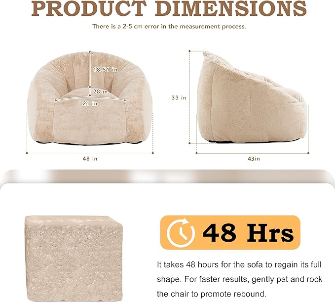 Giant Bean Bag Chair, Oversized BeanBag Couch for Adults, Large Bean Bag Sofa Chair with Filler, Shell-Shaped Floor Chair Soft & Cozy Couch with Back Support for Bedroom Living Room Dorm Apartment