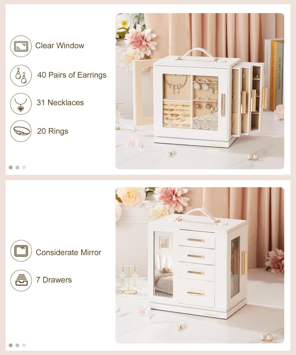 Homde Christmas Gifts Jewelry Box 360° Rotating, Necklace Earring Organizer with Transparent Window, Mirror, 7 Drawers, Large Ring Display Storage Case for Girls Women (White)
